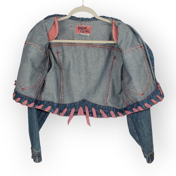 Vintage M/L HystericEtVous Crop Denim Jean Jacket Western Red Gingham Cowgirl - Picture 8 of 16